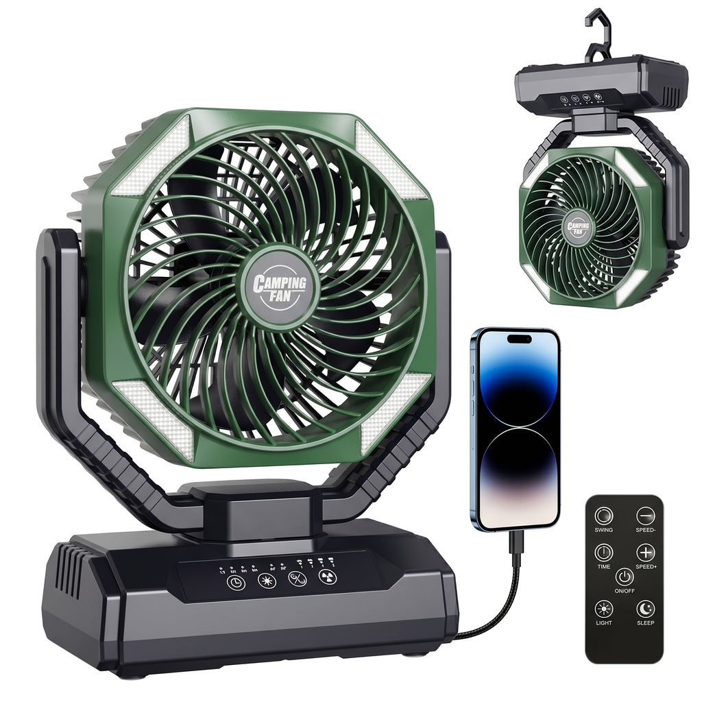Rechargeable Tent Fan with 20000mAh Battery, Four Speeds, Remote Control and Hanging Hook for Camping, Beach Days and Outdoor Cooling