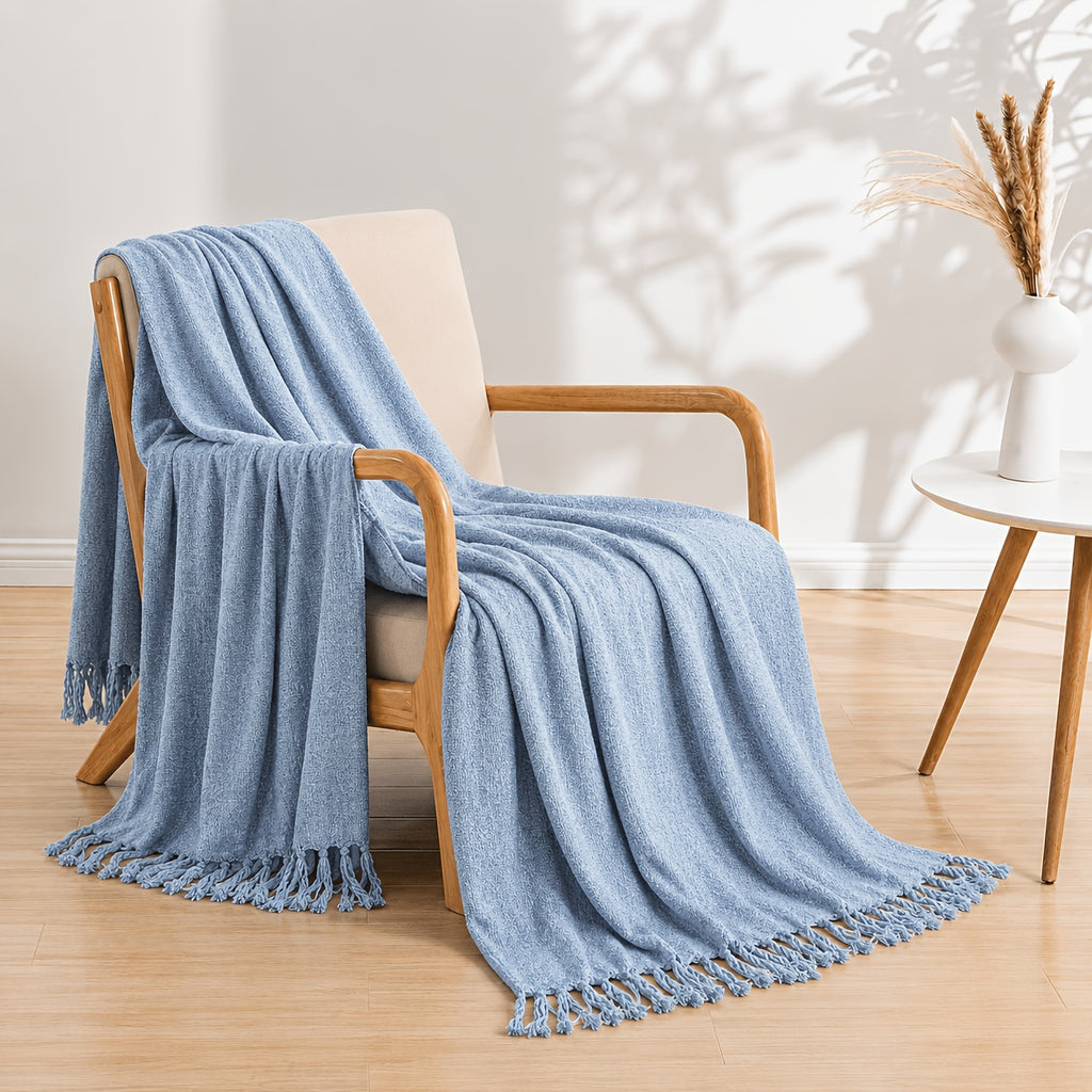 Waffle Knit Throw Blanket with Tassel Fringe for Sofa, Bed or Outdoor Lounging, Lightweight Boho Accent in Khaki, Beige and Green Options