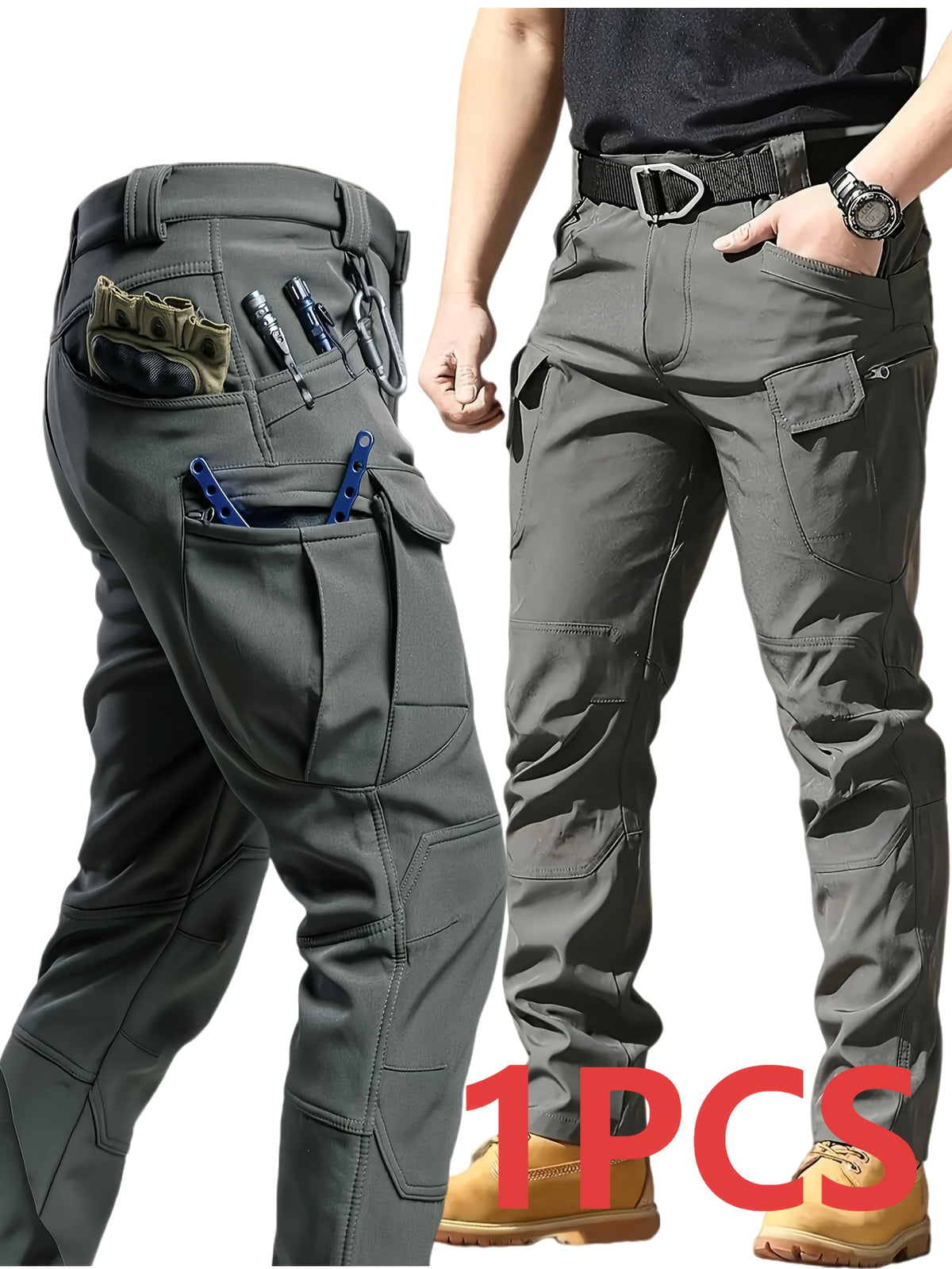 Relaxed-Fit Polyester Tactical Pants for Men with Belt Included, Lightweight Quick-Dry Multi-Pocket Trousers for Hiking, Outdoor Adventures and Work