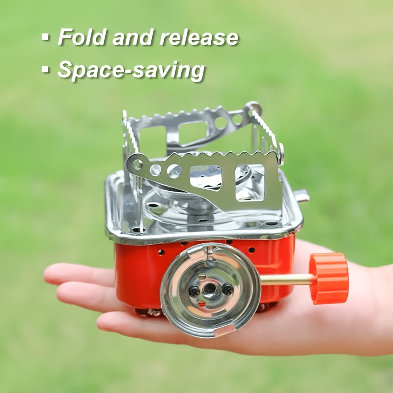 Mini Butane Camping Stove with Folding Supports and Adjustable Flame, Palm-Sized Red Portable Gas Burner for Hiking, Picnics and Outdoor Cooking