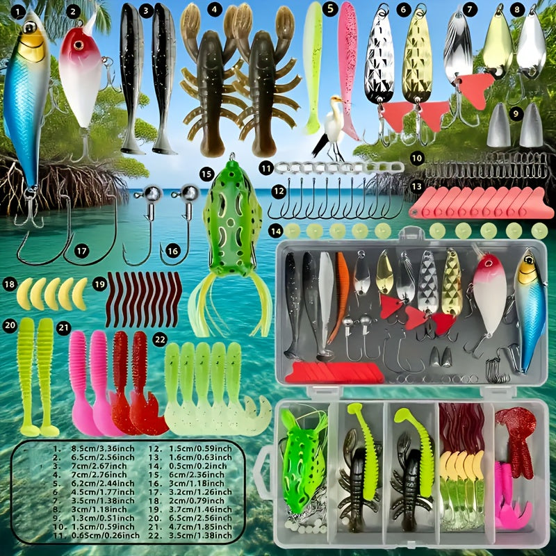 107-Piece Fishing Lure and Tackle Set with Storage Box, Hooks, Jig Heads, Spinners, Spoons and Sinkers for Freshwater and Saltwater Angling