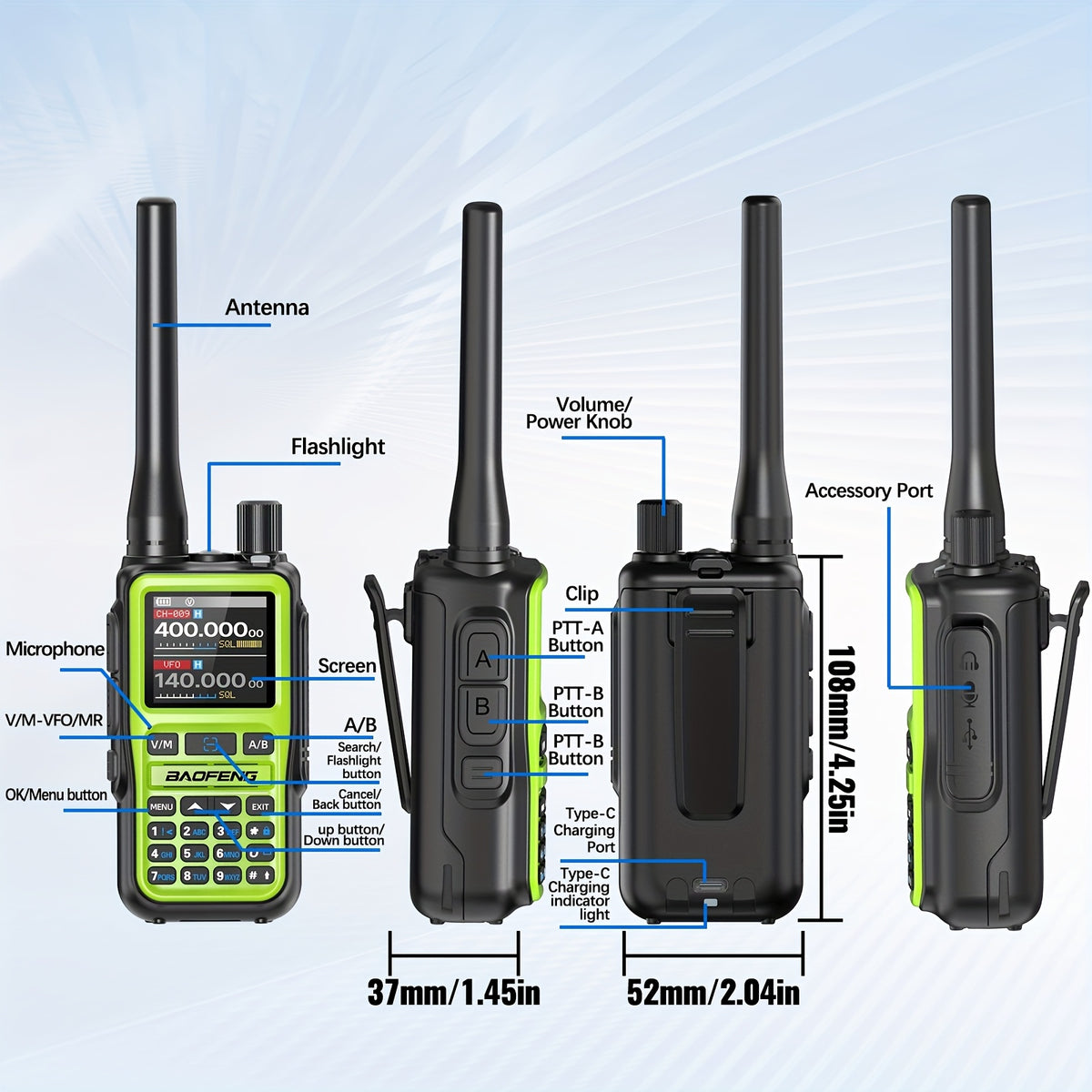 Dual PTT Ham Radio 2-Pack, Baofeng UV-5RMini VHF/UHF Two-Way Radios with NOAA Weather Reception, 999 Channels and USB-C Charging for Emergency Preparedness