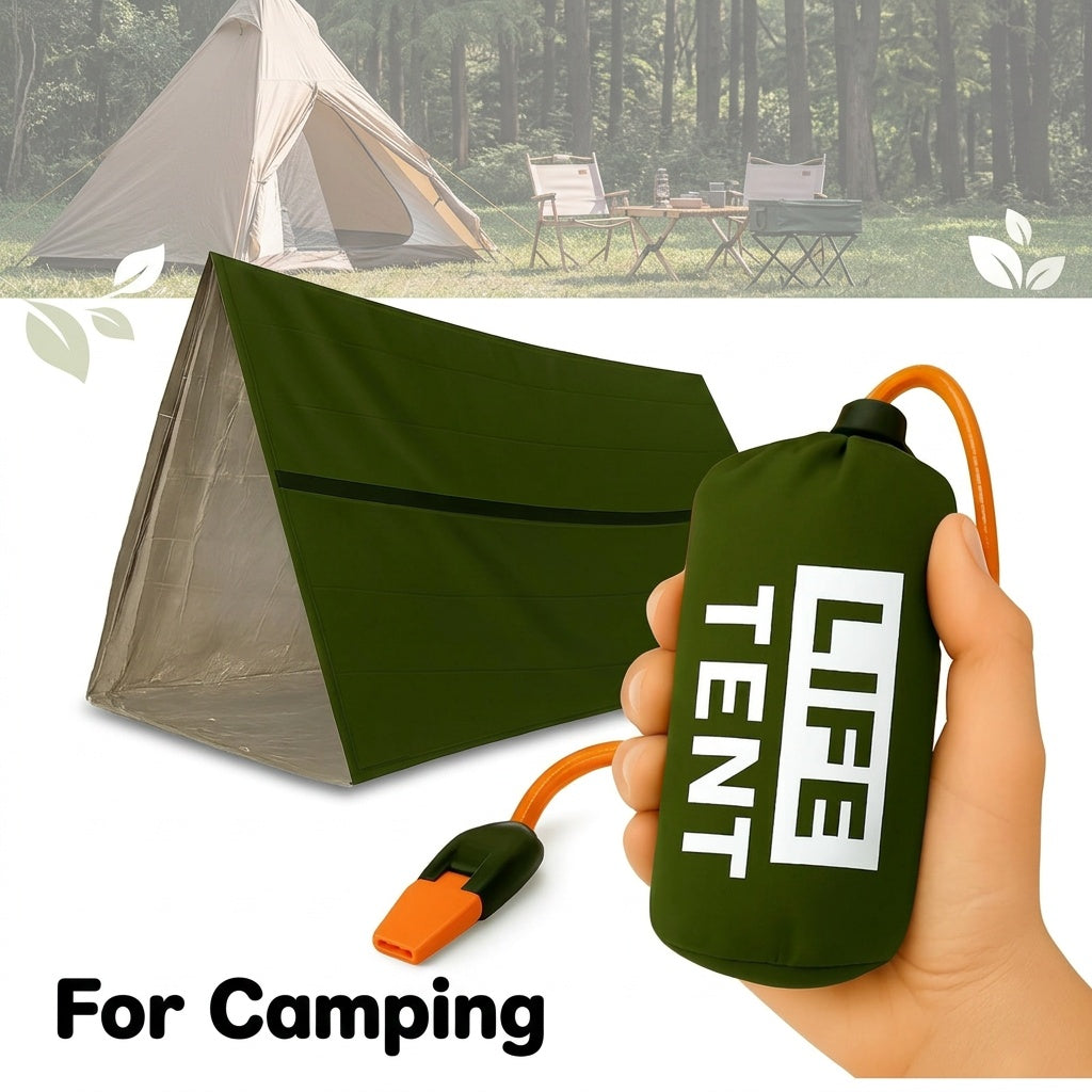 Olive Green Emergency Survival Tent, Portable Tubular Outdoor Shelter with Storage Bag, Whistle and Rope for Hiking, Camping and Vehicle Preparedness