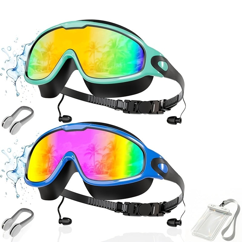 Wide-View Swimming Goggles with Mirrored Lenses, Earplugs, Nose Clip and Phone Pouch, Turquoise Blue or Lake Blue Pool and Outdoor Travel Accessory
