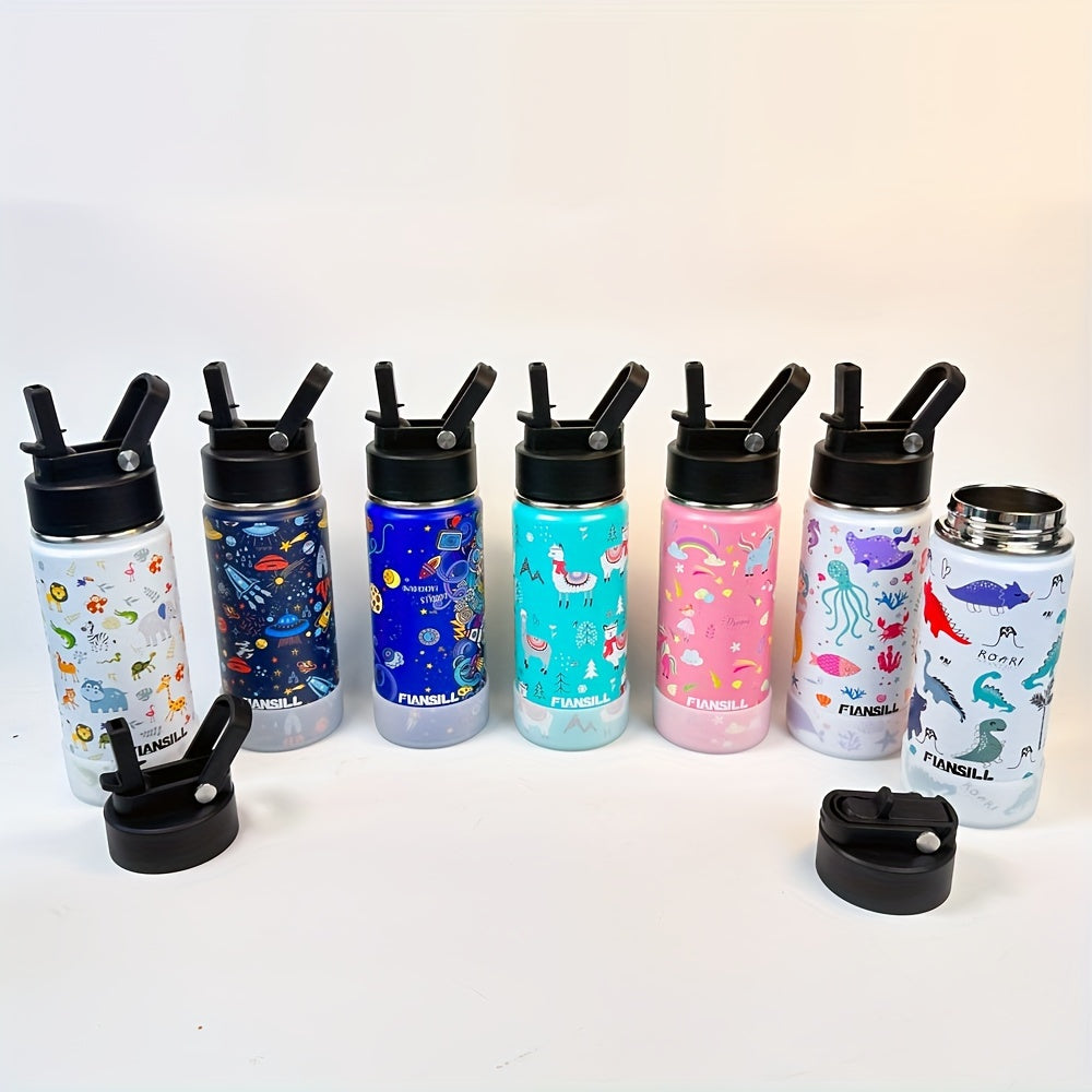 16oz Student Insulated Water Bottle, Stainless Steel Vacuum Flask with One-Hand Lid, Carry Strap and Seven Designs for School and Outdoor Trips