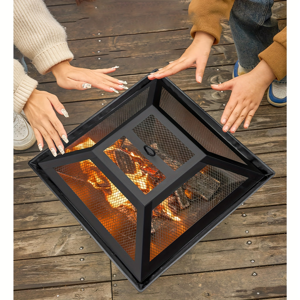 Outdoor Iron Fire Pit 18.5 Inch in Black, Heavy-Duty Lacquered Backyard and Camping Fire Bowl with Combustion Grate, Ash Collector and Charcoal Hook