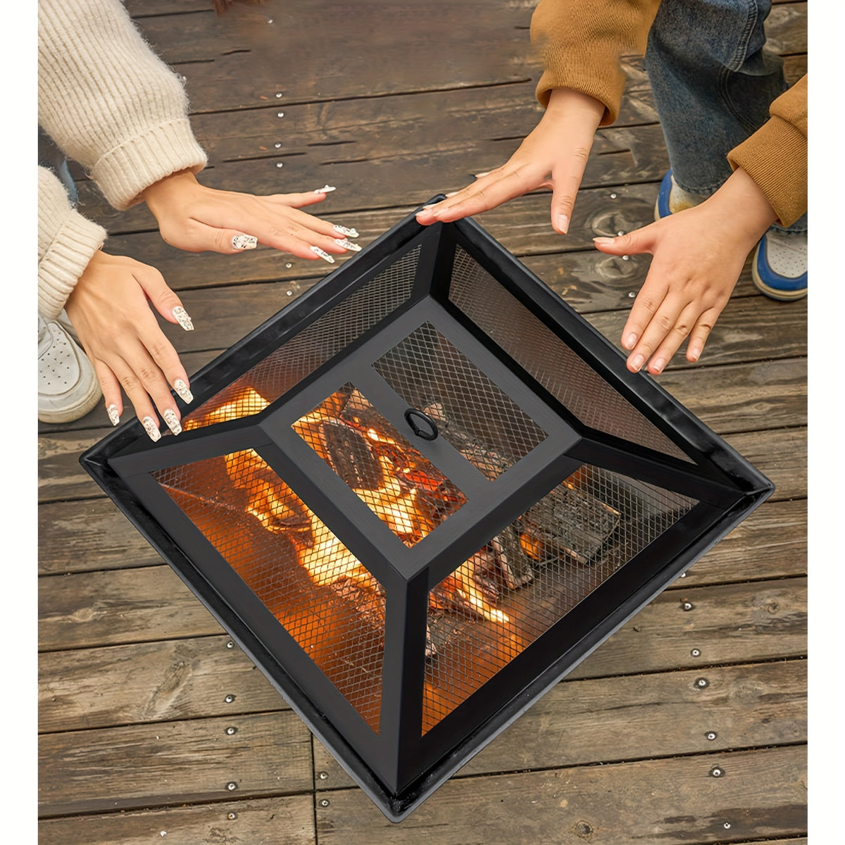 Outdoor Iron Fire Pit 18.5 Inch in Black, Heavy-Duty Lacquered Backyard and Camping Fire Bowl with Combustion Grate, Ash Collector and Charcoal Hook