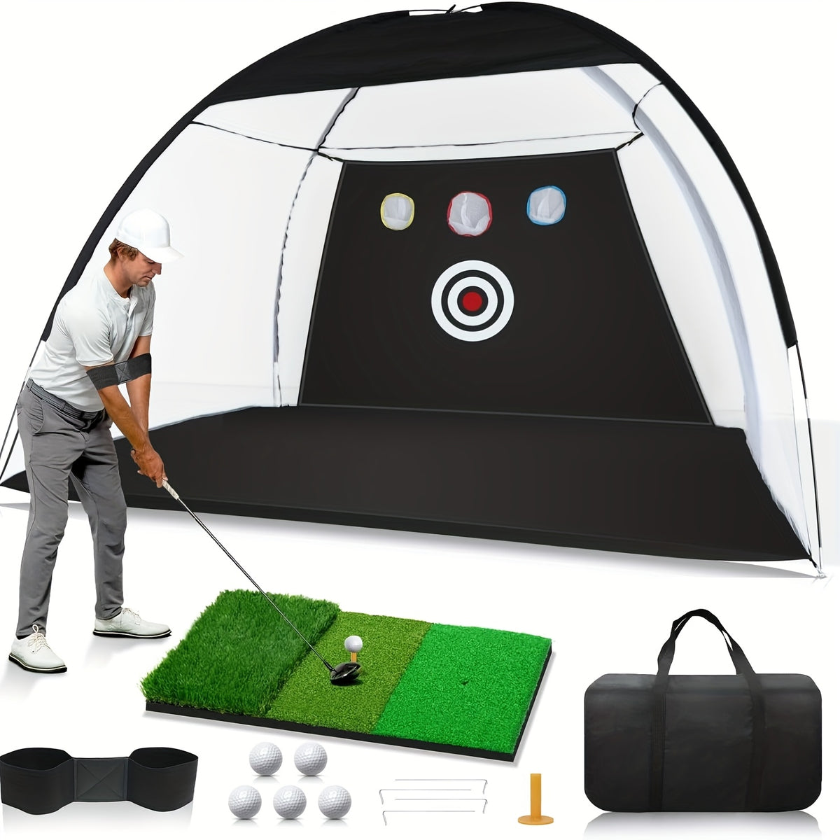 Golf Hitting Net Set 10 x 7 ft with Training Mat, Target and Storage Bag, Indoor Outdoor Practice Setup for Backyard and Home Workout Equipment