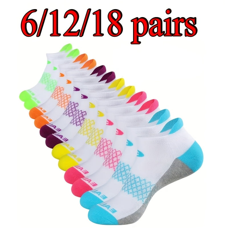 Women's Low-Cut Athletic Socks in 6, 12 or 18 Pair Packs, Breathable Elastic Striped Activewear for Running, Gym Workouts and Basketball