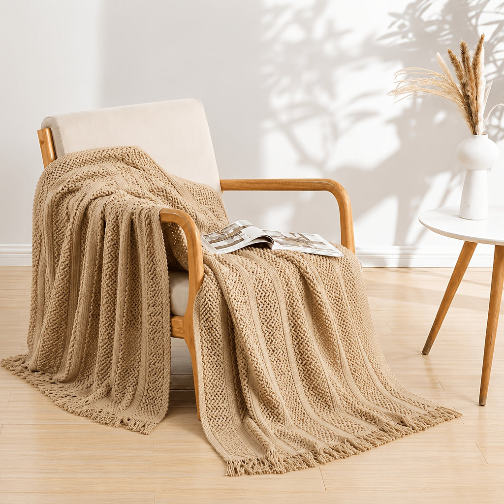 Waffle Knit Throw Blanket with Tassel Fringe for Sofa, Bed or Outdoor Lounging, Lightweight Boho Accent in Khaki, Beige and Green Options