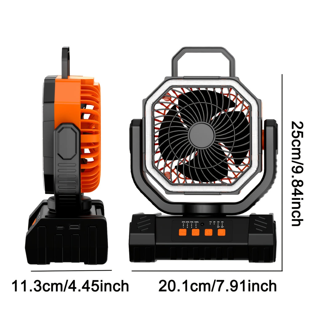 3-in-1 Camping Fan with Dimmable LED Tent Light and 20000mAh Power Bank, Four-Speed Portable Fan with 360-Degree Adjustment for Campsite and Backyard Use
