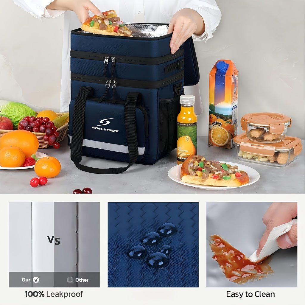 Triple-Compartment Insulated Lunch Bag, 19L Leakproof Cooler Tote with Detachable Shoulder Strap for Men and Women, Work Meals, Travel and Picnics