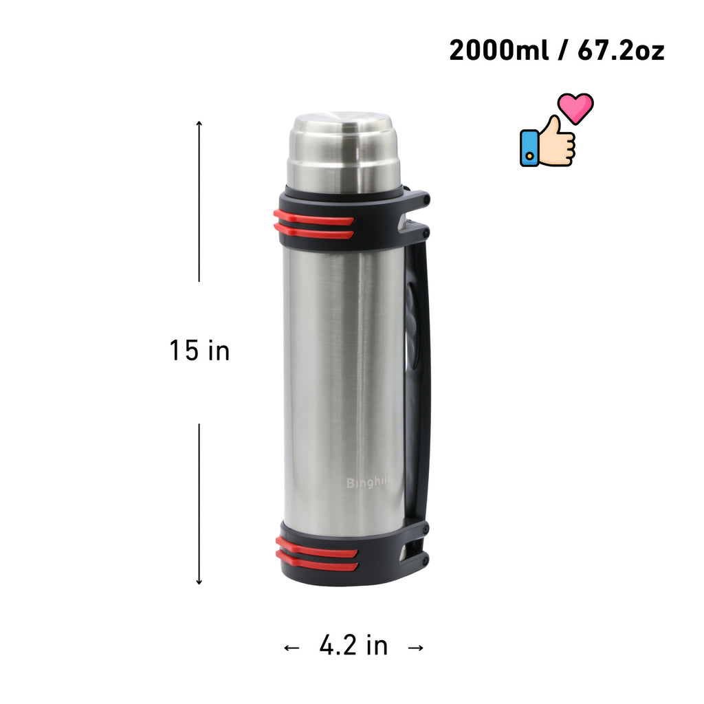 2 Liter Vacuum Insulated Water Bottle, Large 2000ml Capacity for Daily Hydration, Travel and Outdoor Packing in Black or Silvery