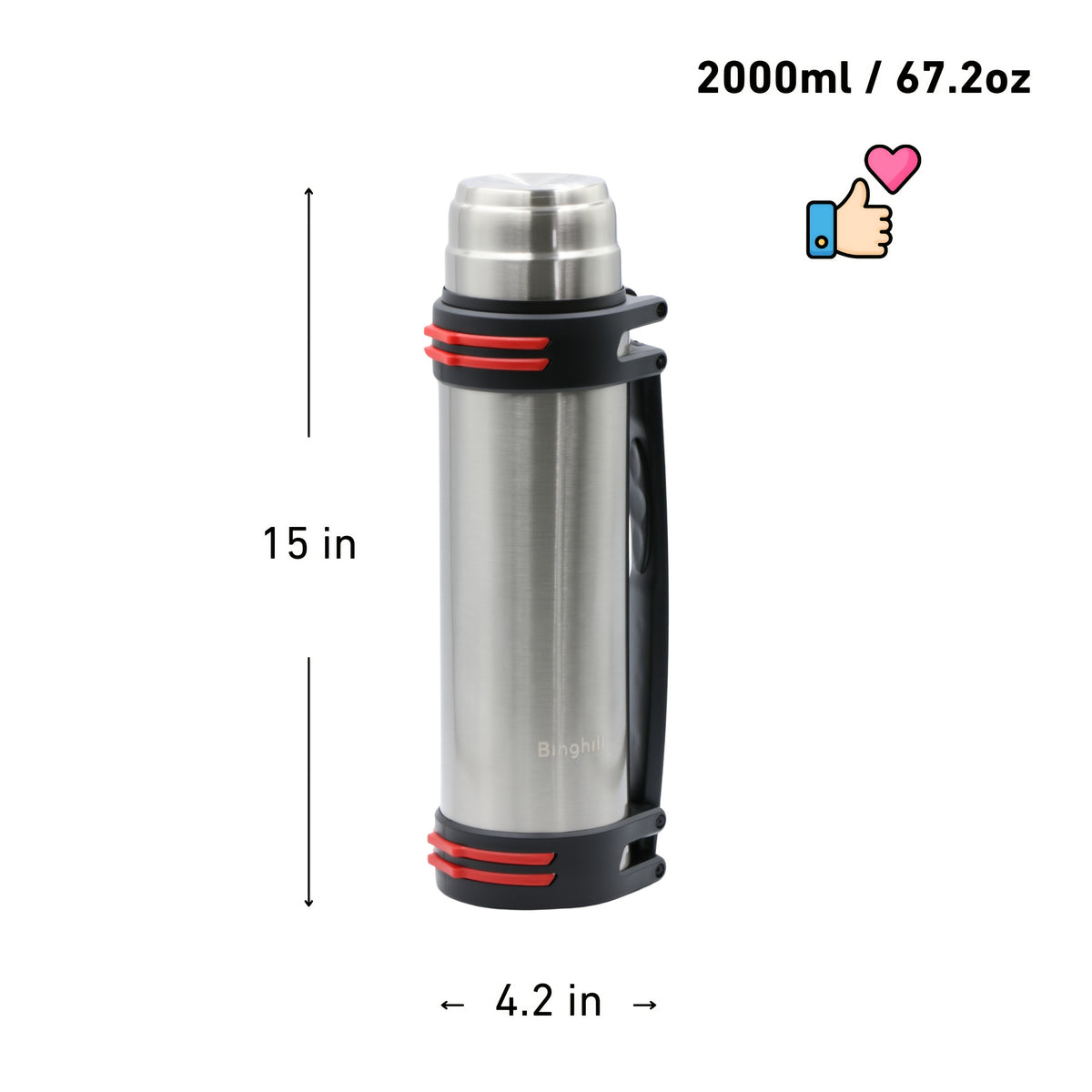 2 Liter Vacuum Insulated Water Bottle, Large 2000ml Capacity for Daily Hydration, Travel and Outdoor Packing in Black or Silvery