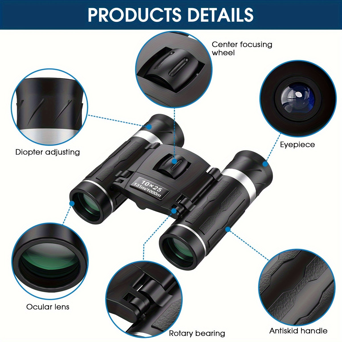 10x25 Compact Binoculars with Waist Bag and Strap, Lightweight Black Pocket Optics for Bird Watching, Hunting, Travel, Sports and Concerts