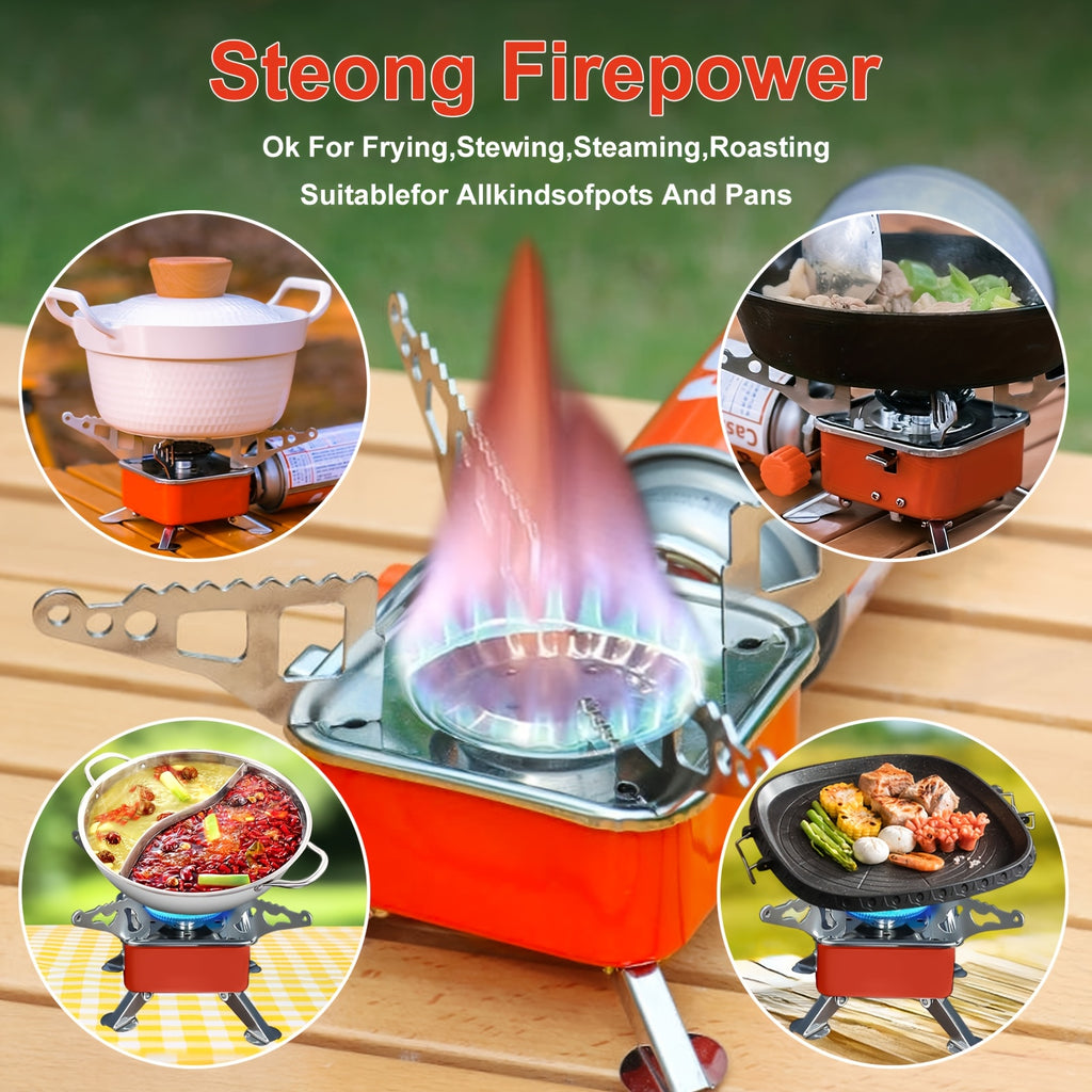 Mini Butane Camping Stove with Folding Supports and Adjustable Flame, Palm-Sized Red Portable Gas Burner for Hiking, Picnics and Outdoor Cooking