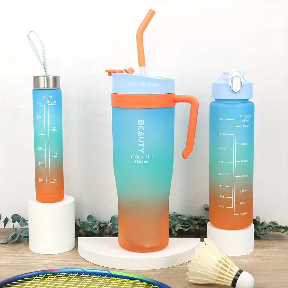 Three-Size Water Bottle Set, 46 oz 27 oz and 9.5 oz Travel Drink Containers with Listed Straw Lid and Handle for Fitness, Outdoor Days and Daily Carry