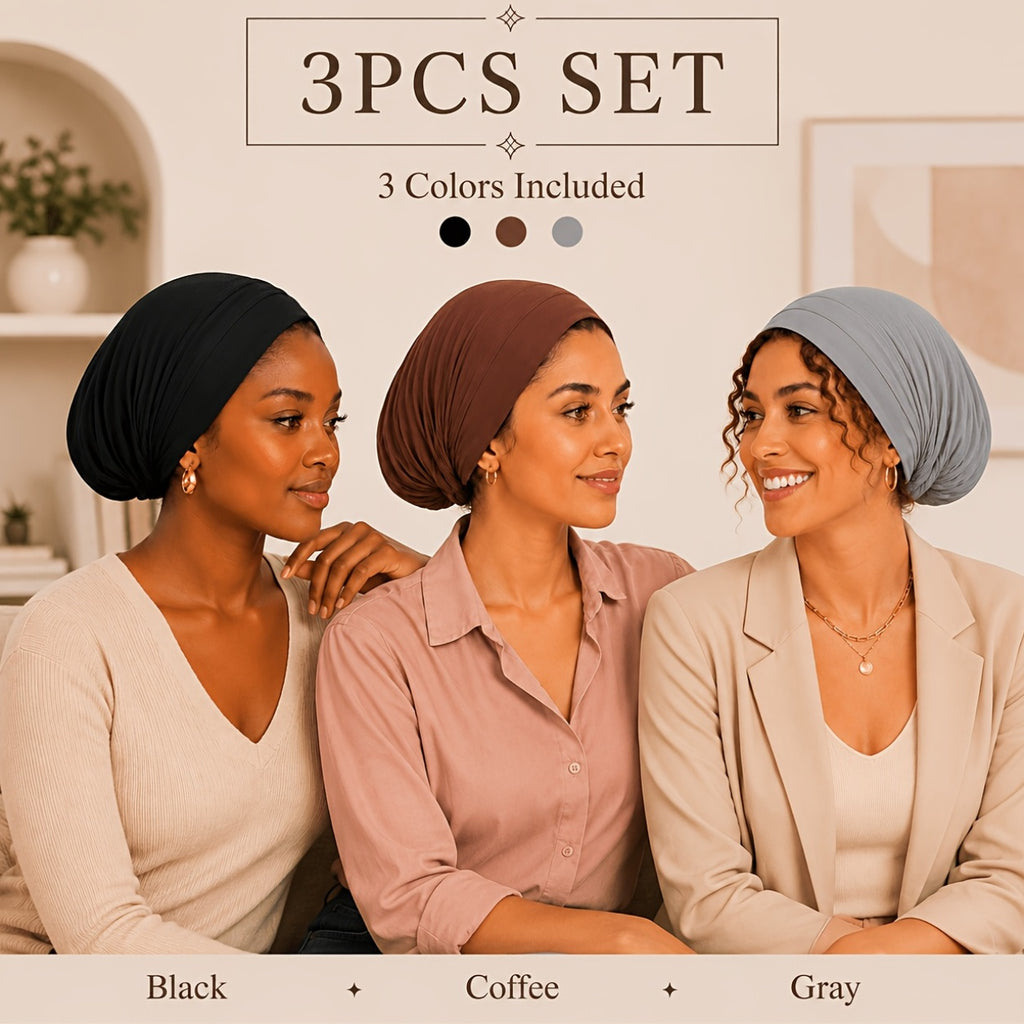 Hijab Undercaps 3-Pack for Women, Breathable Non-Slip Solid Color Muslim Headwear for Everyday Headscarf Layering and Travel Outfit Coordination
