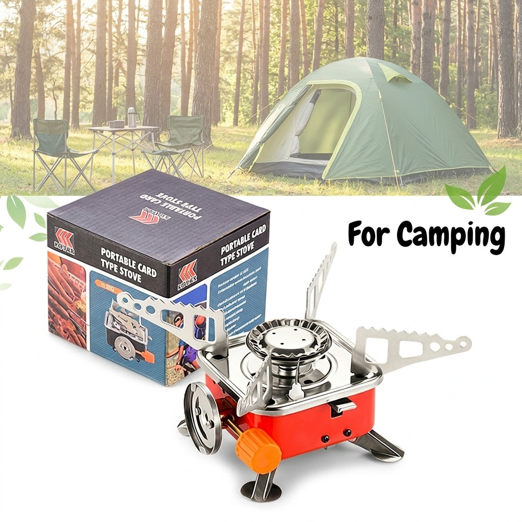 Mini Butane Camping Stove with Folding Supports and Adjustable Flame, Palm-Sized Red Portable Gas Burner for Hiking, Picnics and Outdoor Cooking