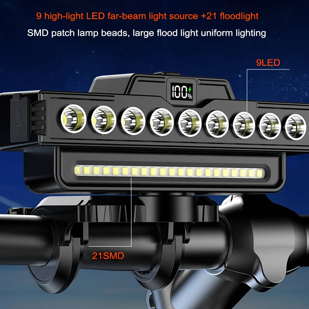 Bicycle Front Light with Digital Display, 9 LEDs and 7 Lighting Modes, USB Rechargeable 4000mAh Headlight with Set Option for Night Riding