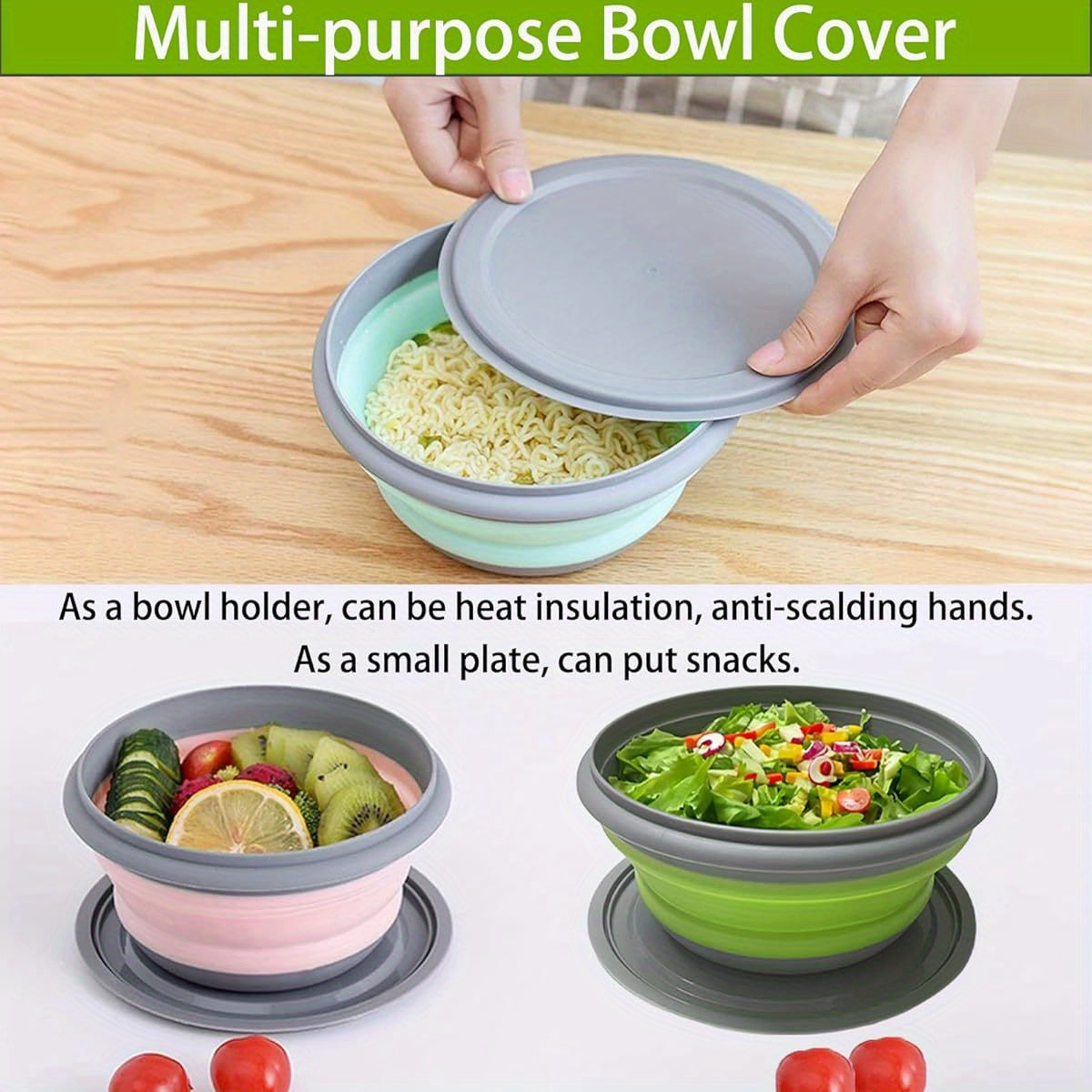 Foldable Camping Bowls with Lids, 3-Piece Silicone Food Container Set with Folding Utensils and Storage Bag for Picnic Salads and Packed Lunches