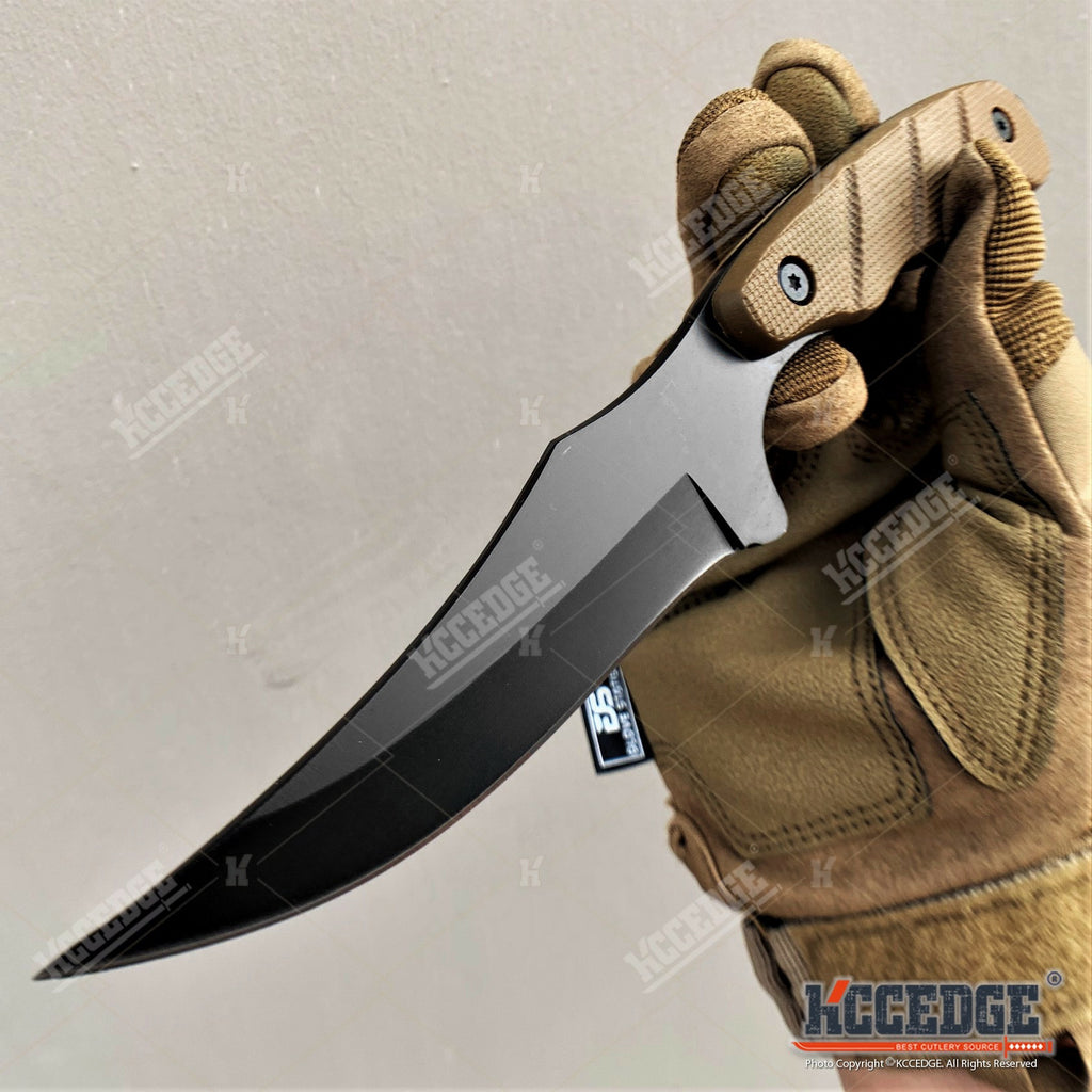 Trailing Point Hunting Knife, 9-Inch Listed Full Tang Fixed Blade with Stainless Steel Construction for Adult Outdoor Cutting, Black Silver or Desert Tan