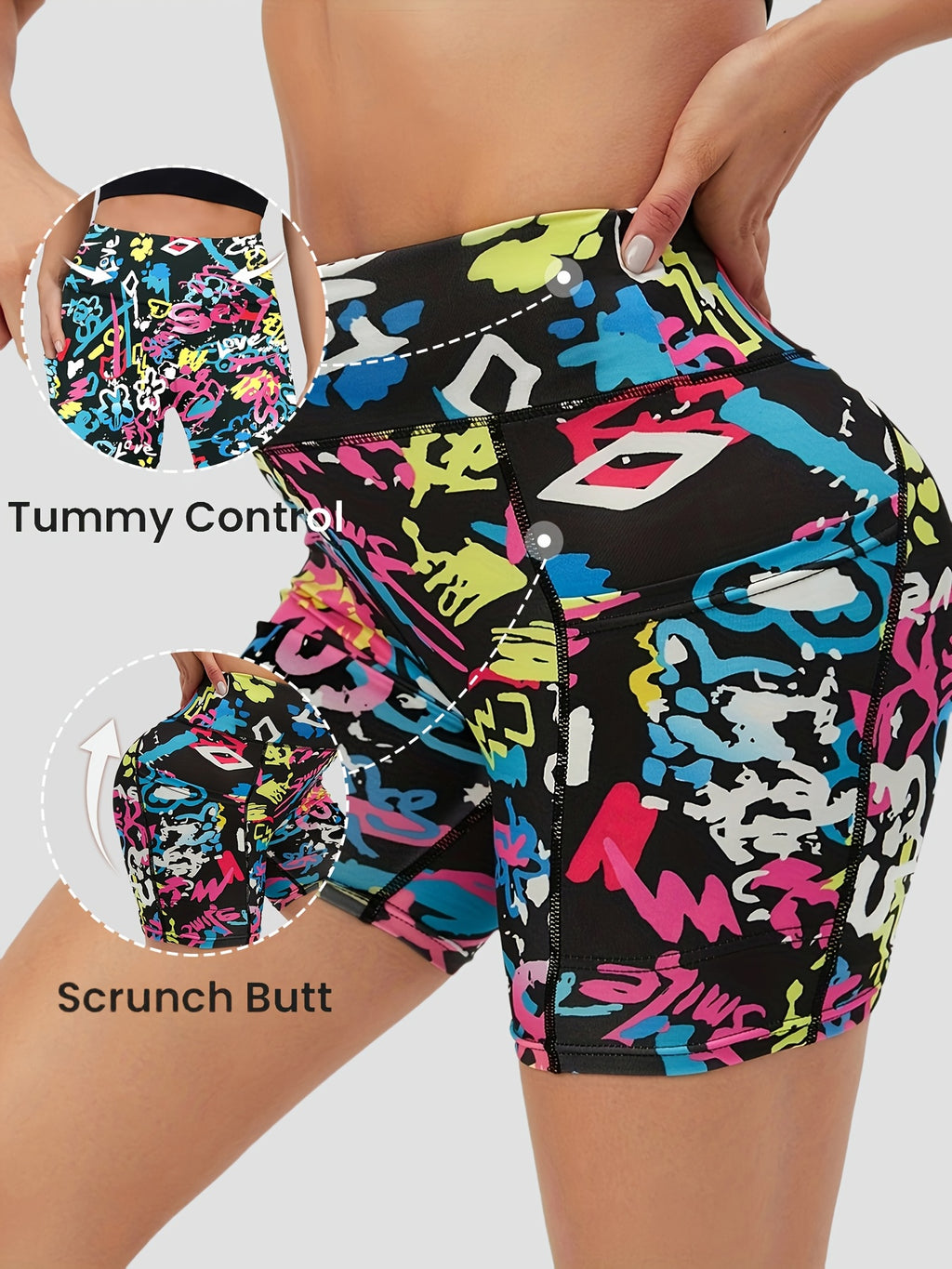 Women's Tie-Dye Shorts with Pockets, High-Waisted 3-Inch Body-Hugging Fit with Four-Way Stretch and Tummy-Control Styling in Multicolor