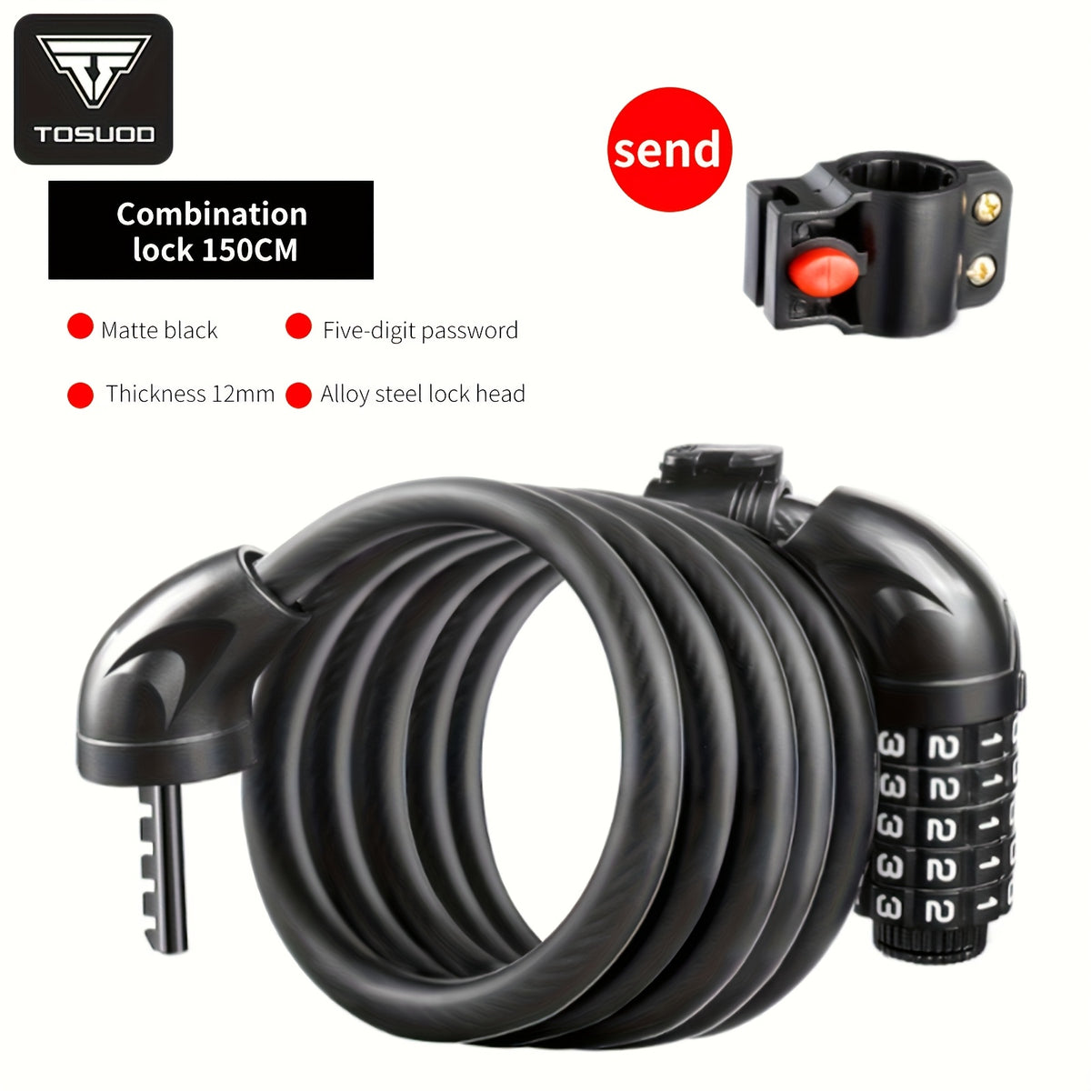5-Digit Combination Bike Lock by TOSUOD, Coiled Cable in 49.21 or 59.06 Inch Options for Bicycles, Scooters and Motorcycle Parking