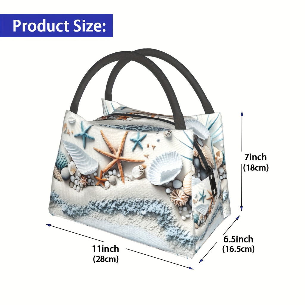 Shell Design Insulated Lunch Bag, Reusable Polyester Cooler Tote, 11 x 6.5 x 7 Inches for Beach Days, Camping, Picnics and Outdoor Meals