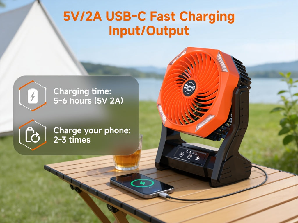 Portable Outdoor Desk Fan with LED Light, Camping Cooling Gear with Orange, Green, Black, Gray and Pink Color and Model Options