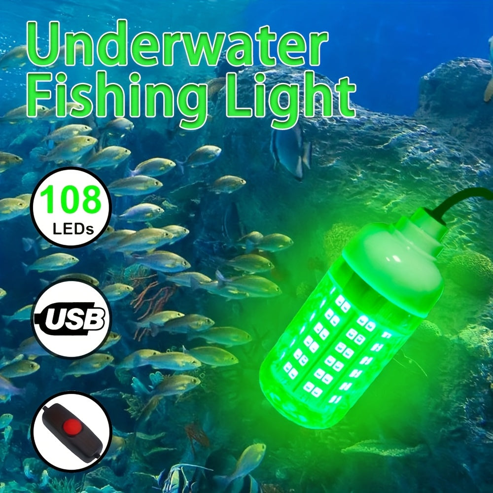 108-LED Underwater Fishing Light with USB Connector and 16.4-Foot Cable, Listed IP68 Design for Night Angling, Green or White Light Options