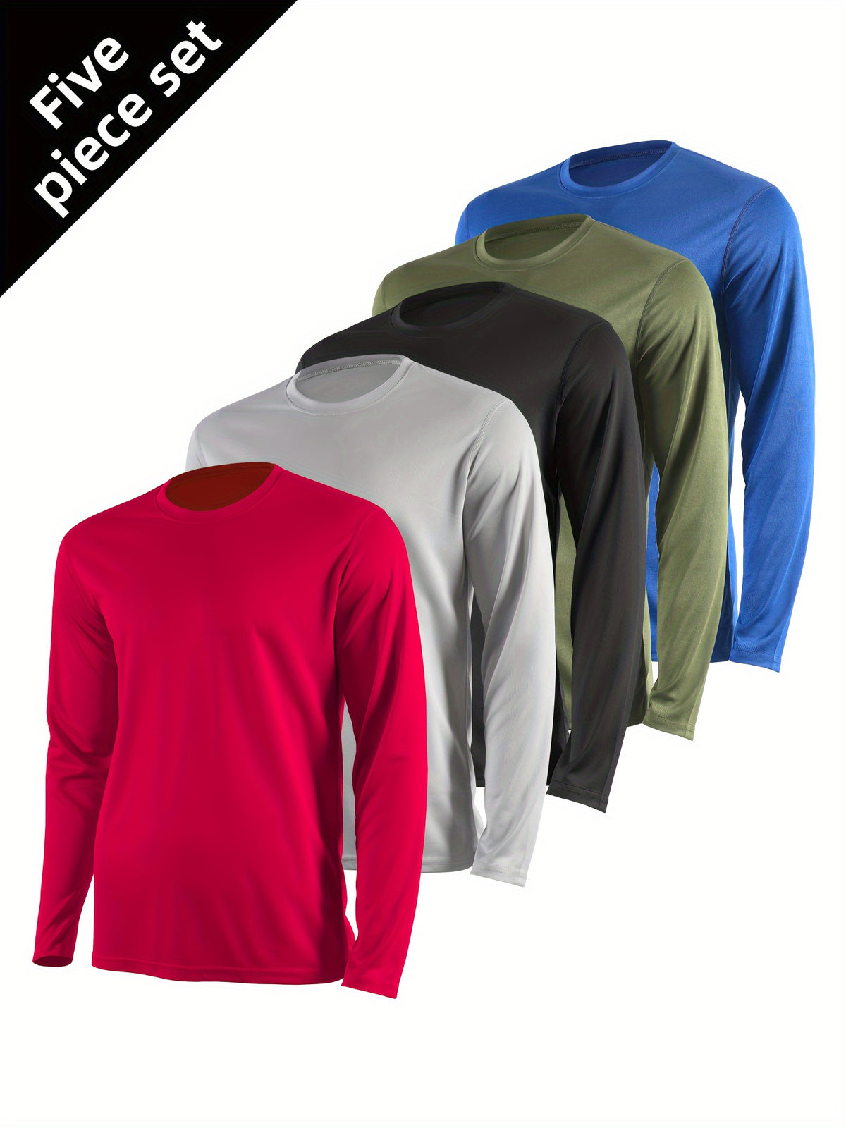 Regular-Fit Long Sleeve Workout Shirts for Men 5-Pack, Quick-Dry Breathable Moisture-Wicking T-Shirts in Mixed Colors for Running and Gym Training