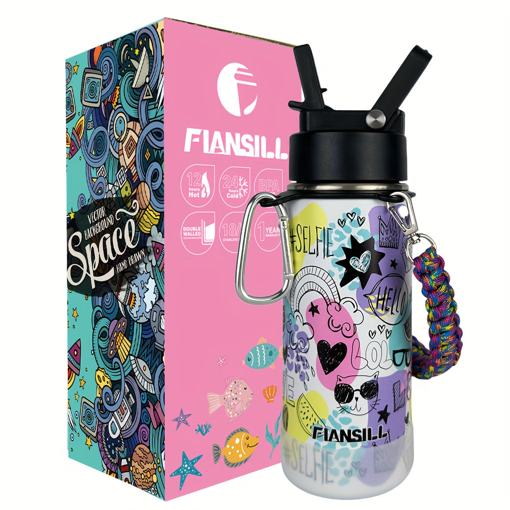 16oz Student Insulated Water Bottle, Stainless Steel Vacuum Flask with One-Hand Lid, Carry Strap and Seven Designs for School and Outdoor Trips