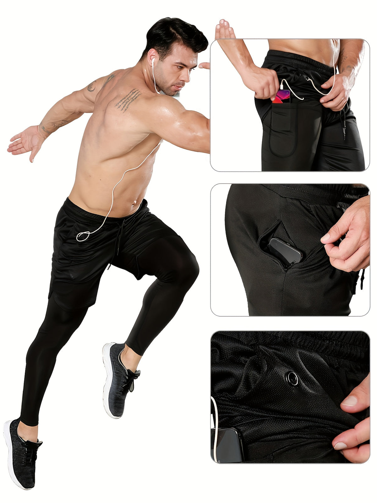 Men's Compression Pants with Towel Loop, 2-in-1 Running and Workout Gym Tights in Multiple Colors, Sizes S-XXL for Training Activewear