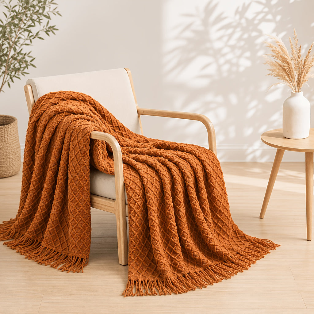 Waffle Knit Throw Blanket with Tassel Fringe for Sofa, Bed or Outdoor Lounging, Lightweight Boho Accent in Khaki, Beige and Green Options