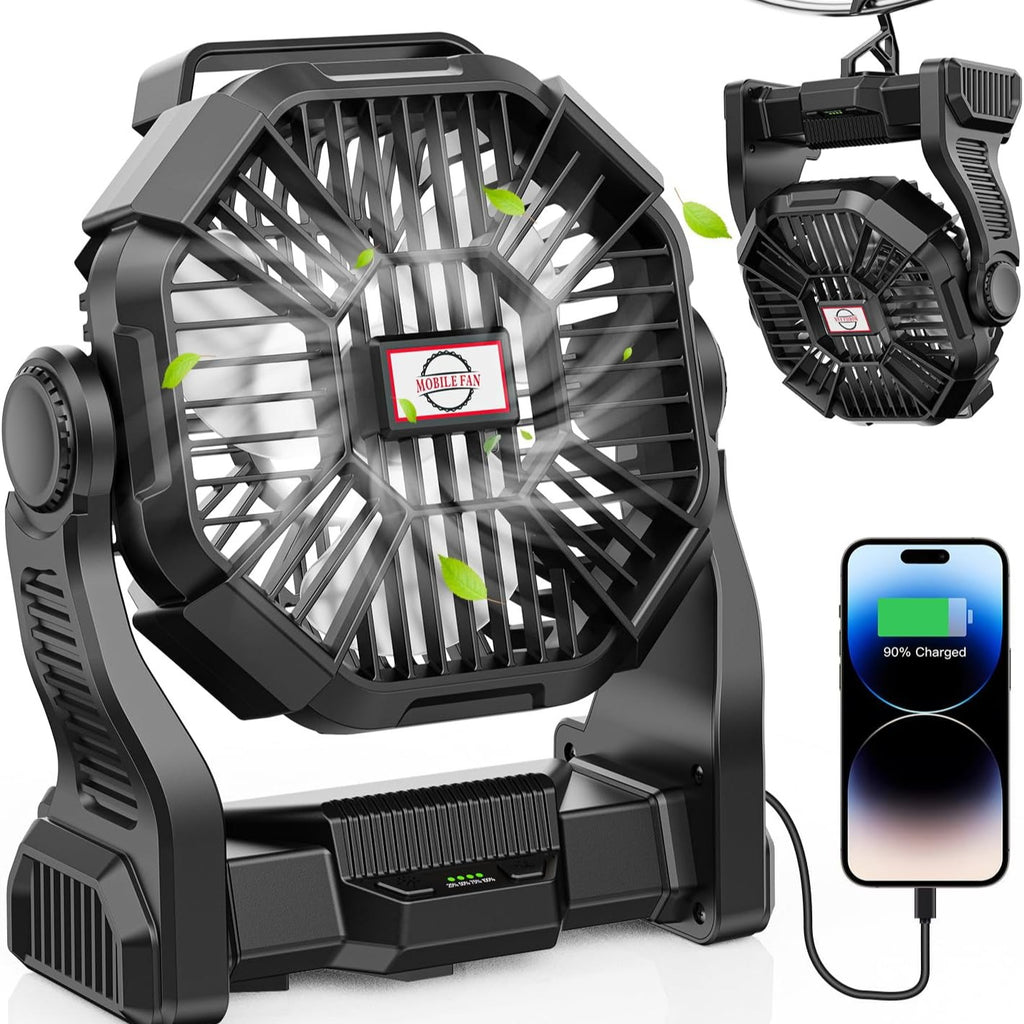 360° Rotating Camping Fan, Rechargeable Tent Fan with USB Output for Campsites, BBQs, Dorm Rooms and Home Use, Portable Orange Cooling Fan