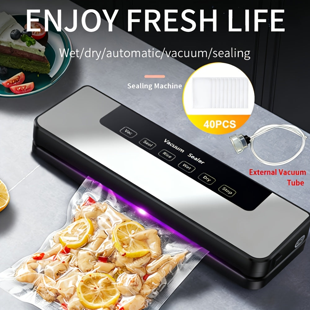 65kPa Food Vacuum Sealer with Wet and Dry Modes, 40 Storage Bags and External Vacuum Hose for Home Kitchen Portion Packing and Camping Meal Prep