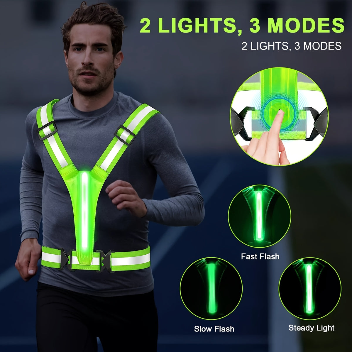 3-Mode LED Reflective Running Vest in Green, Adjustable Light Up Visibility Gear for Men and Women Walking, Jogging and Cycling
