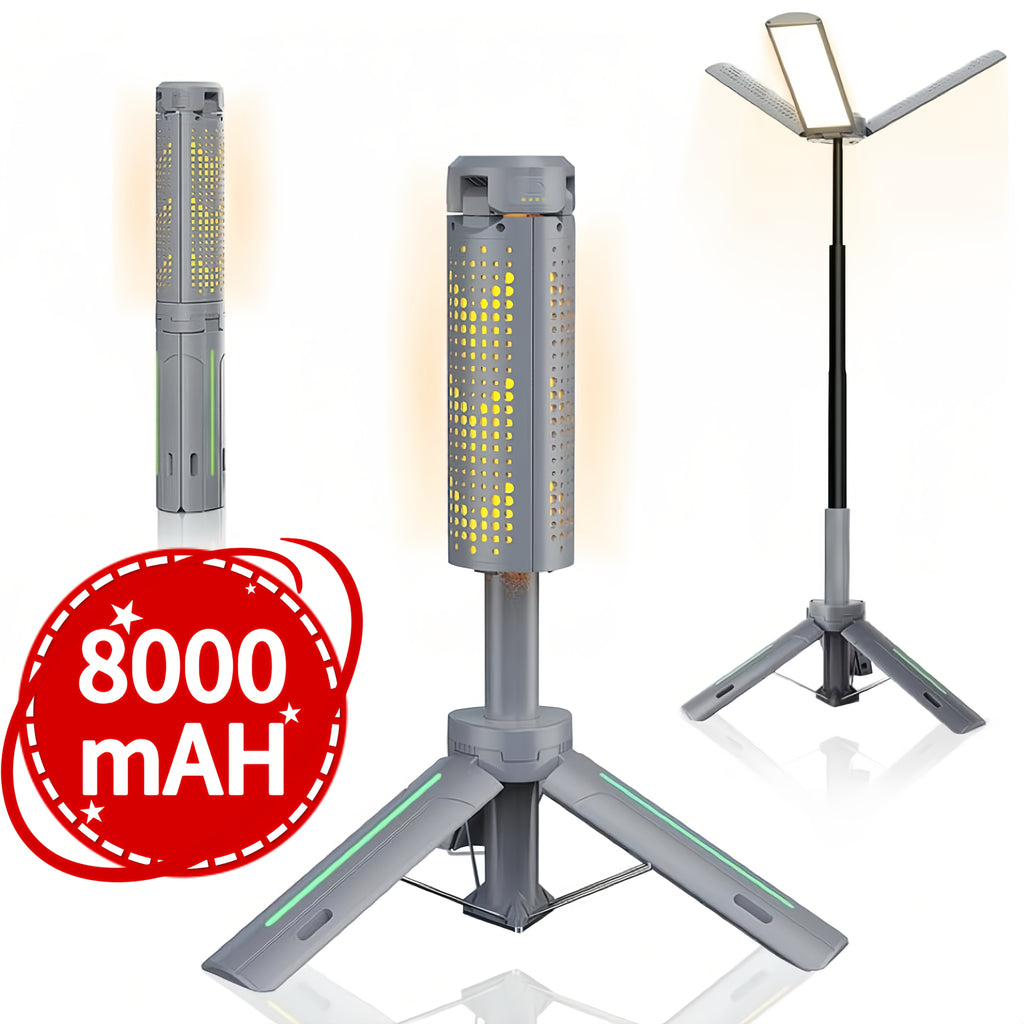 3000-Lumen Camping Light in Green, Zanoid Rechargeable Work Light with 8000mAh Battery, Three Adjustable LED Heads and 3.4-Foot Telescopic Tripod