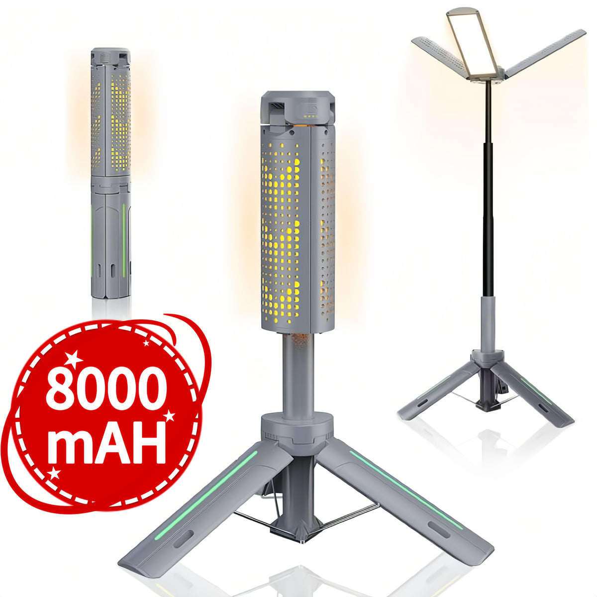 3000-Lumen Camping Light in Green, Zanoid Rechargeable Work Light with 8000mAh Battery, Three Adjustable LED Heads and 3.4-Foot Telescopic Tripod