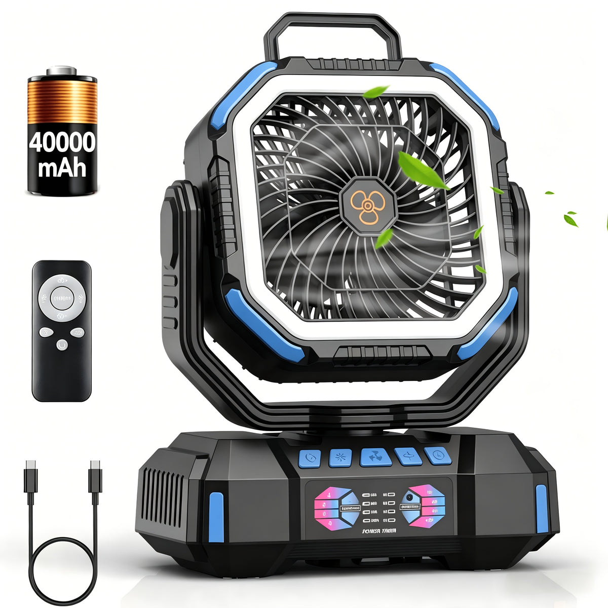 40000mAh Rechargeable Camping Fan with Remote Control, 4 Speeds, Adjustable LED Lights, Timer and Tent Hook for Standing or Hanging Outdoor Use