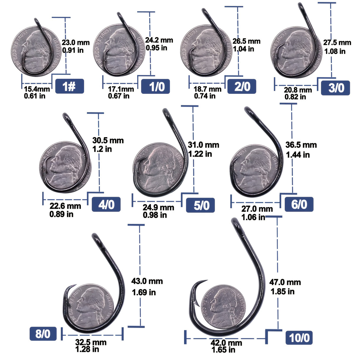 Circle Fishing Hooks 50-Pack by 9KM, High-Carbon Steel Inline Non-Offset Wide-Gap Bait Hooks in Selectable Sizes for Catfish, Bass and Saltwater Angling