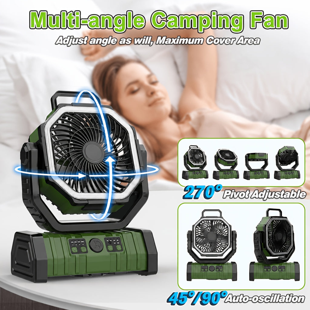 4-Speed Camping Fan with 20000mAh Battery, USB-C Charging and 16 LED Lights, Portable 90-Degree Rotating Tent Fan with Device Charging Outputs
