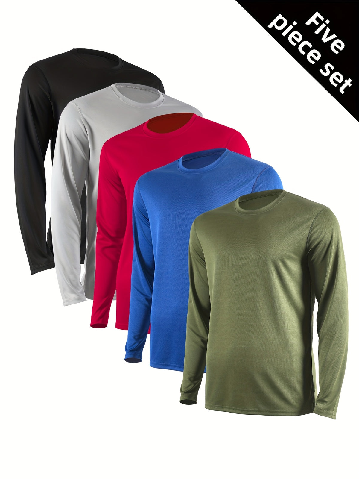 Regular-Fit Long Sleeve Workout Shirts for Men 5-Pack, Quick-Dry Breathable Moisture-Wicking T-Shirts in Mixed Colors for Running and Gym Training