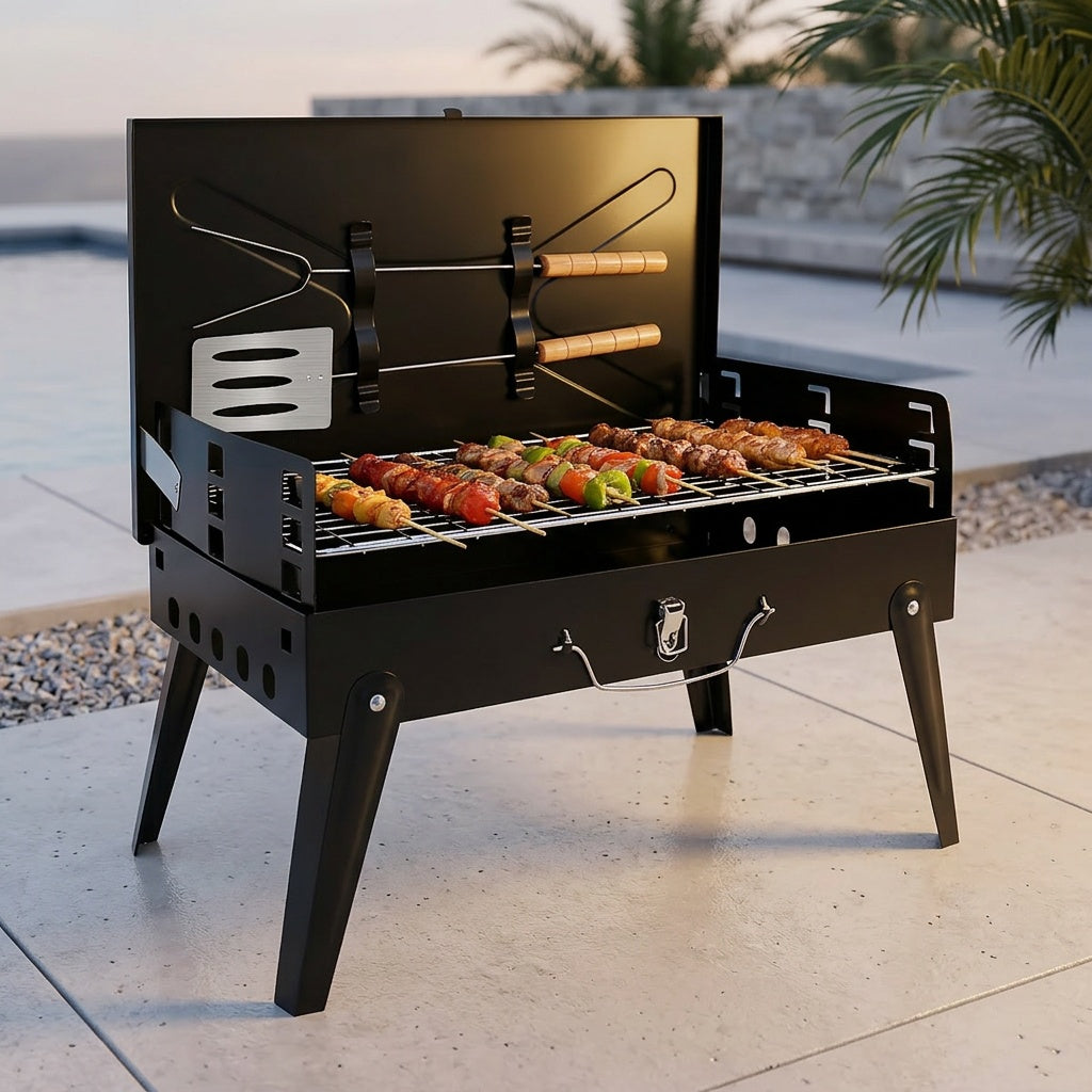 Compact Charcoal BBQ Grill in Black, Folding Portable Outdoor Cooker for Camping, Tailgating, Beach Cookouts and Backyard Gatherings