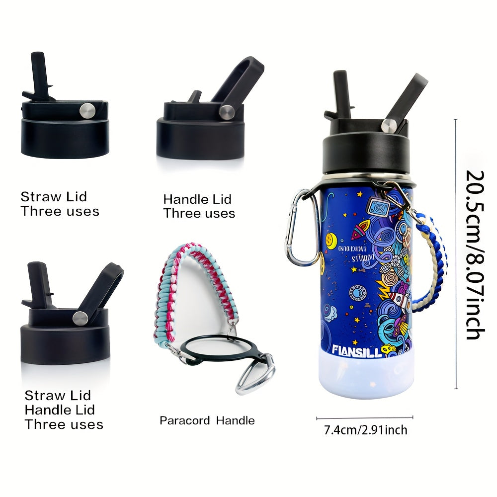 16oz Student Insulated Water Bottle, Stainless Steel Vacuum Flask with One-Hand Lid, Carry Strap and Seven Designs for School and Outdoor Trips