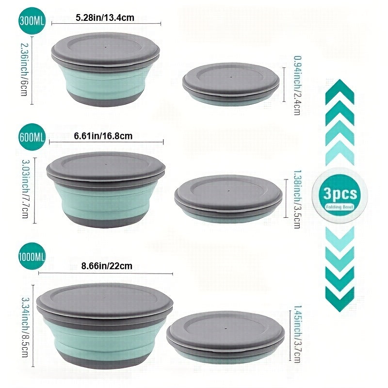 Foldable Camping Bowls with Lids, 3-Piece Silicone Food Container Set with Folding Utensils and Storage Bag for Picnic Salads and Packed Lunches