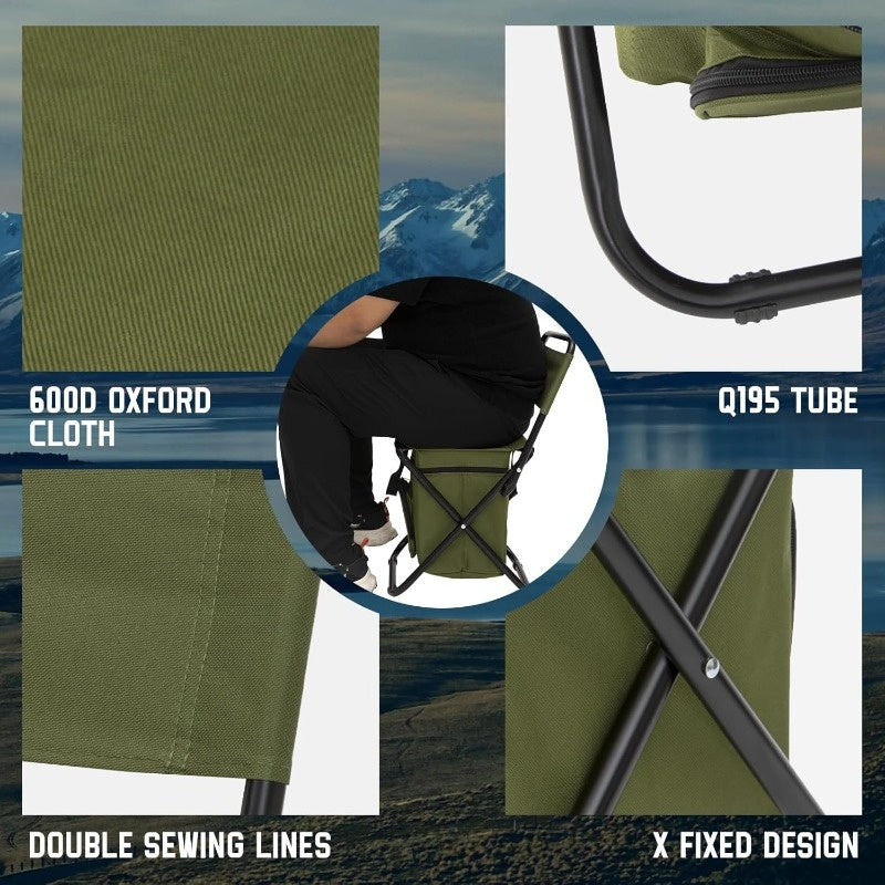 Folding Camping Chair with Backrest and Under-Seat Storage Bag, Compact Portable Outdoor Seat for Campsite Breaks in Green, Blue or Black, 1 or 2 Pieces