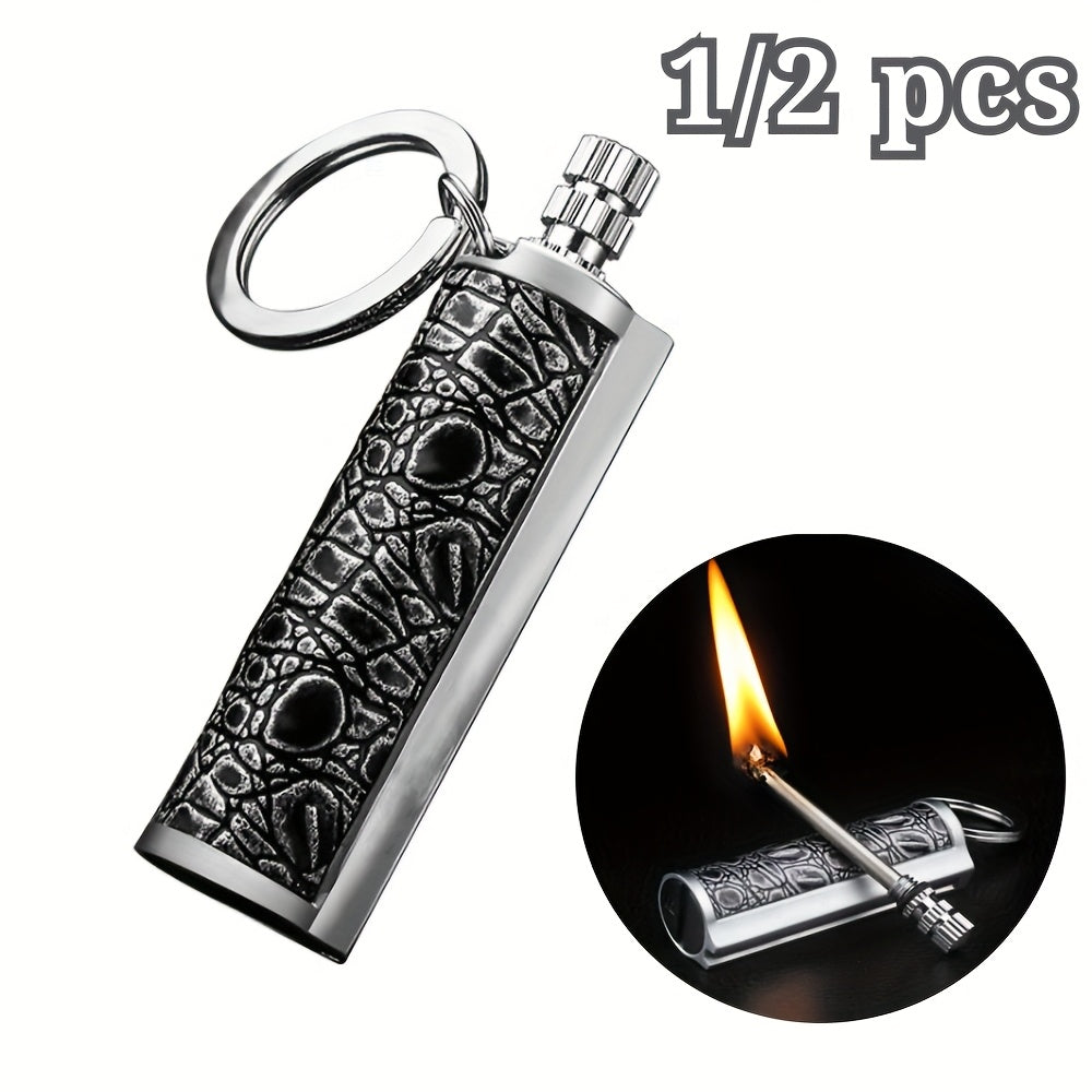 Metal Matchstick Fire Starter Keychain, Permanent Match Lighter with Decorative Textured Case for Adult Camping and Hiking Gifts, Fuel Not Included