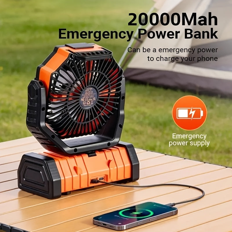 4-Speed Camping Fan with 20000mAh Battery, USB-C Charging and 16 LED Lights, Portable 90-Degree Rotating Tent Fan with Device Charging Outputs